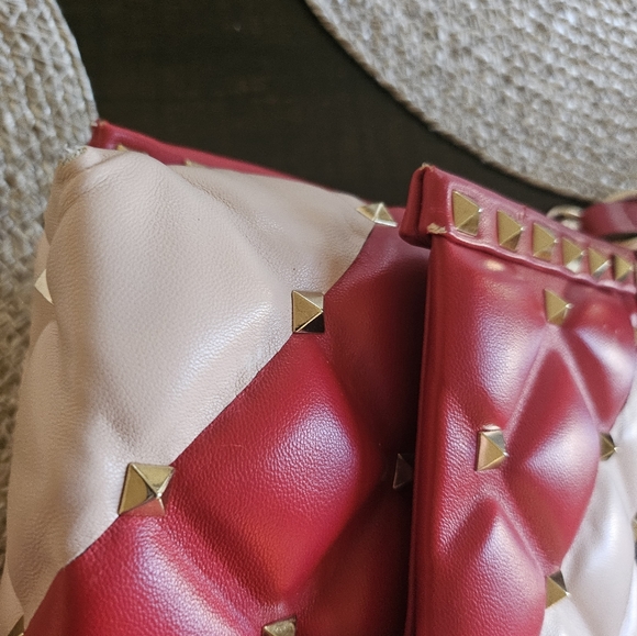 Top Handle Studded Stud Structured Handbag Bag Pink Red Two Tone - Picture 14 of 16